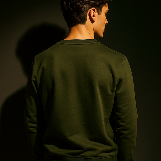 Person wearing a green sweater against a dark background