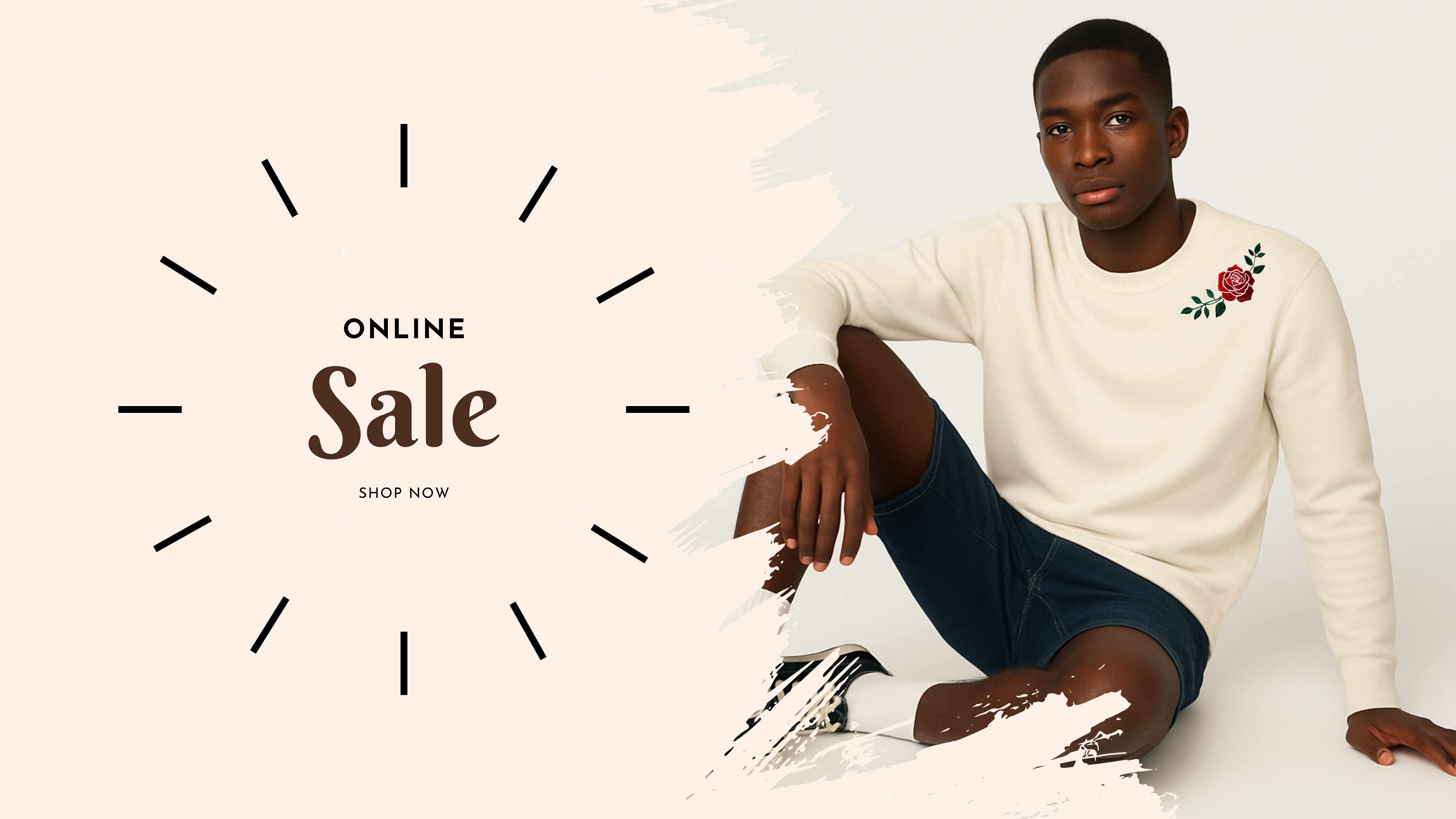 Man sitting on a white surface with promotional text for an online sale.