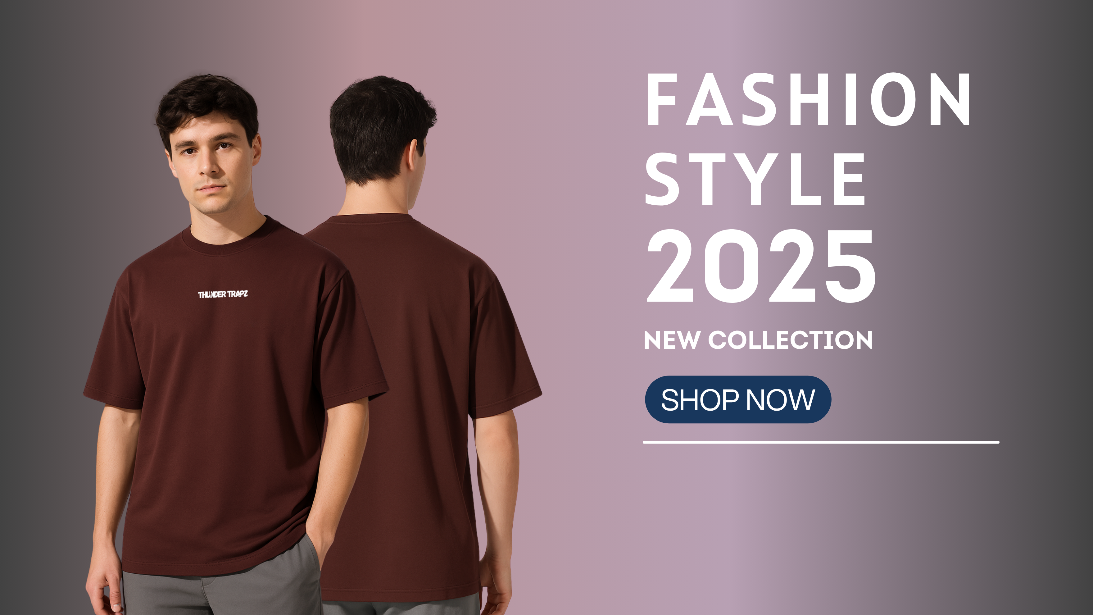 Man wearing a brown t-shirt with text, standing back-to-back with another person against a gradient background with 'Fashion Style 2025' text.