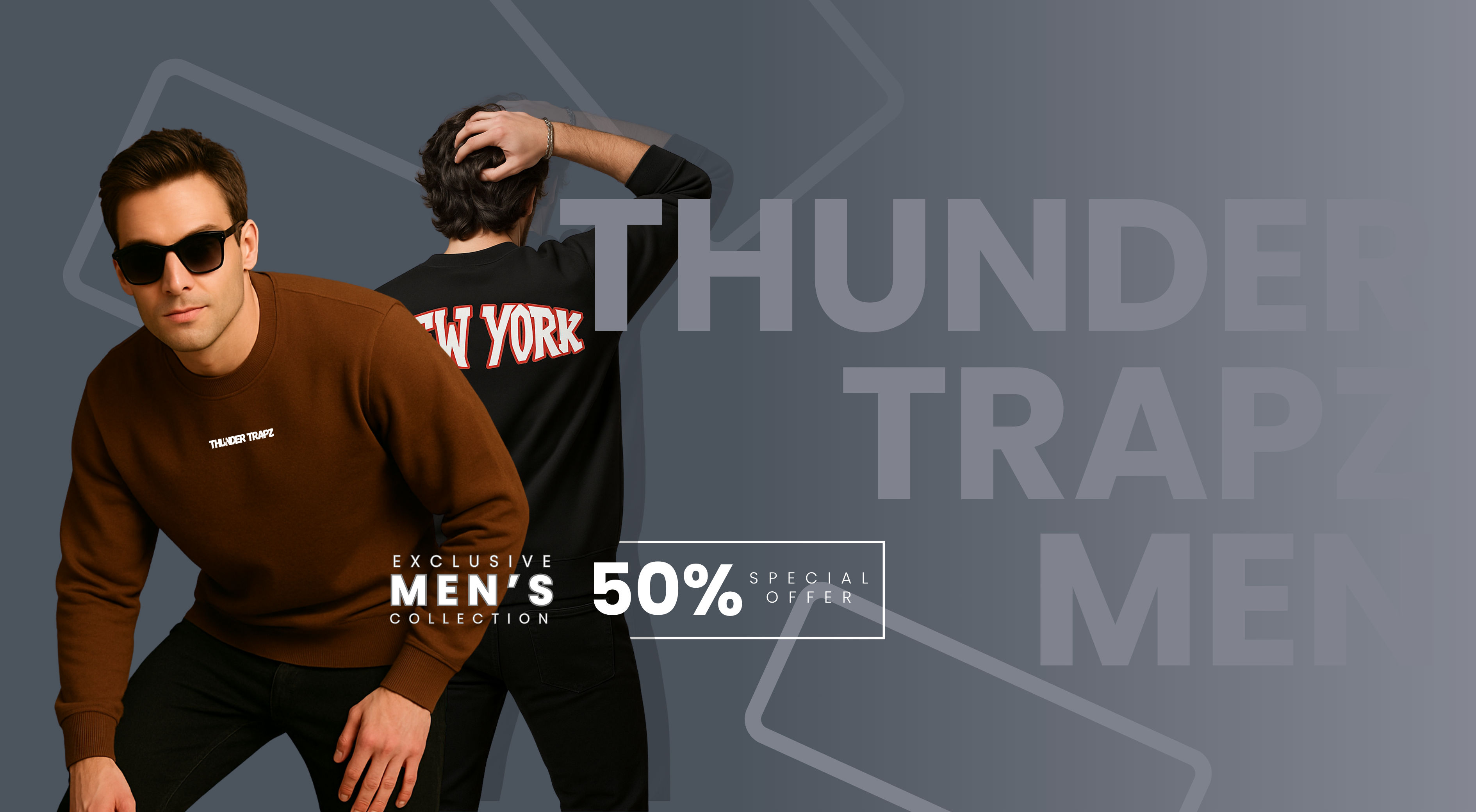 Two men posing against a dark background with promotional text for a men's clothing brand.