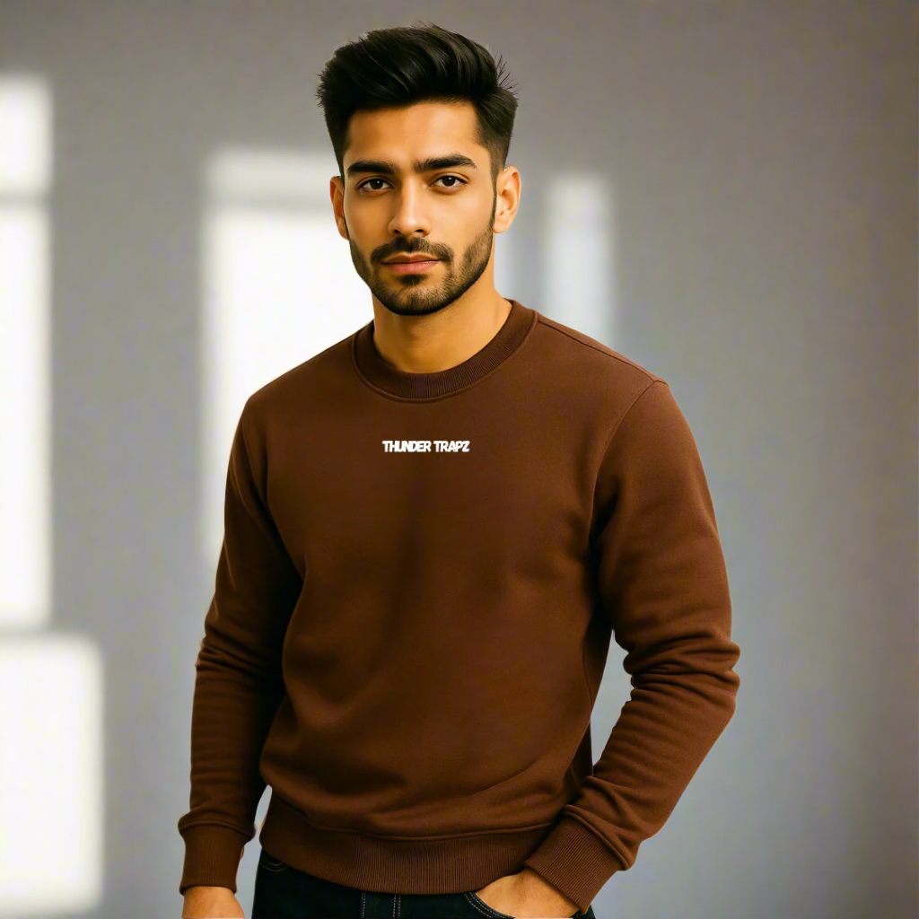 Man wearing a brown sweatshirt with 'Thinker Trapz' logo on a white background