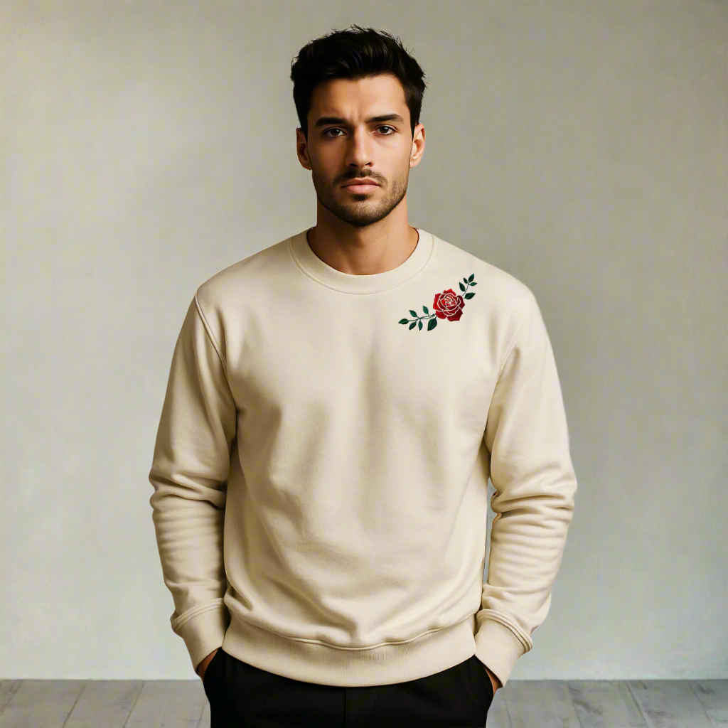Man wearing a beige sweatshirt with a red rose design on a plain background
