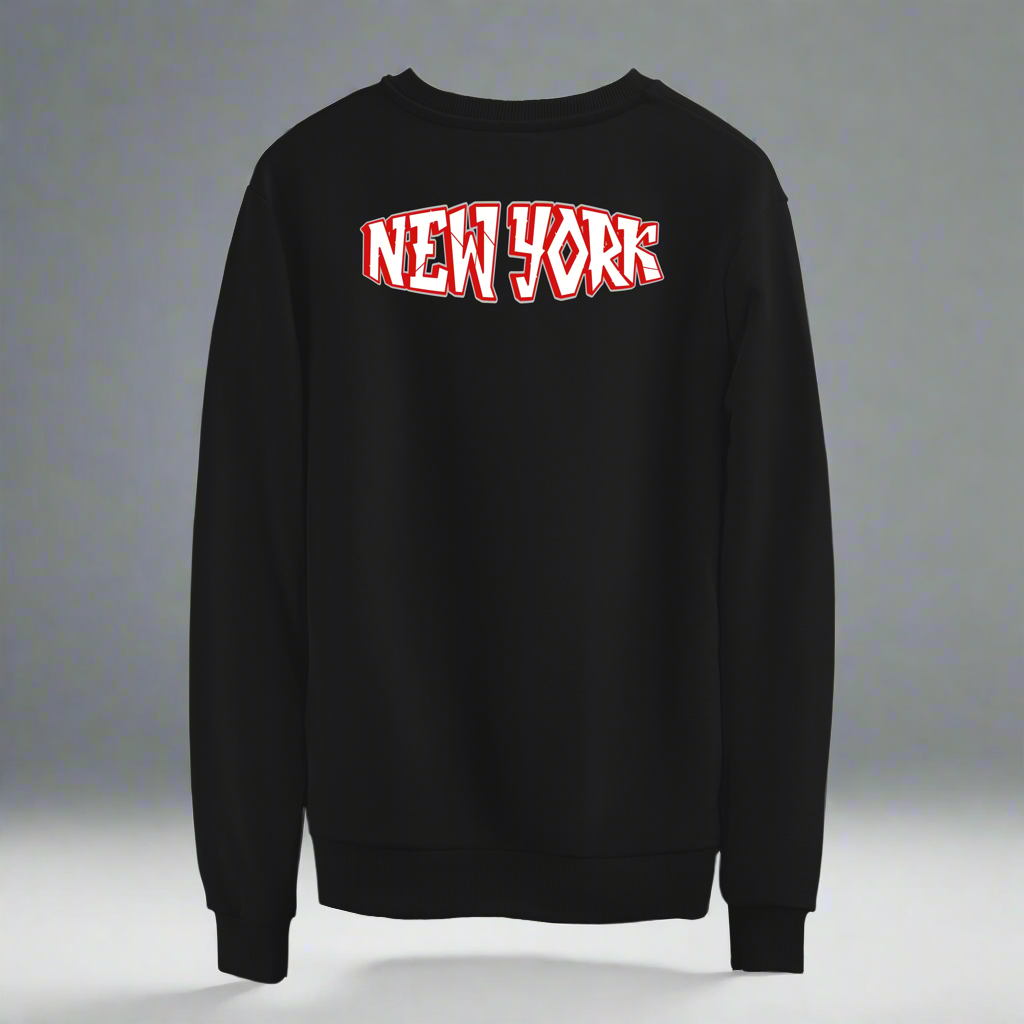 Black sweatshirt with 'New York' printed on the back against a gray background