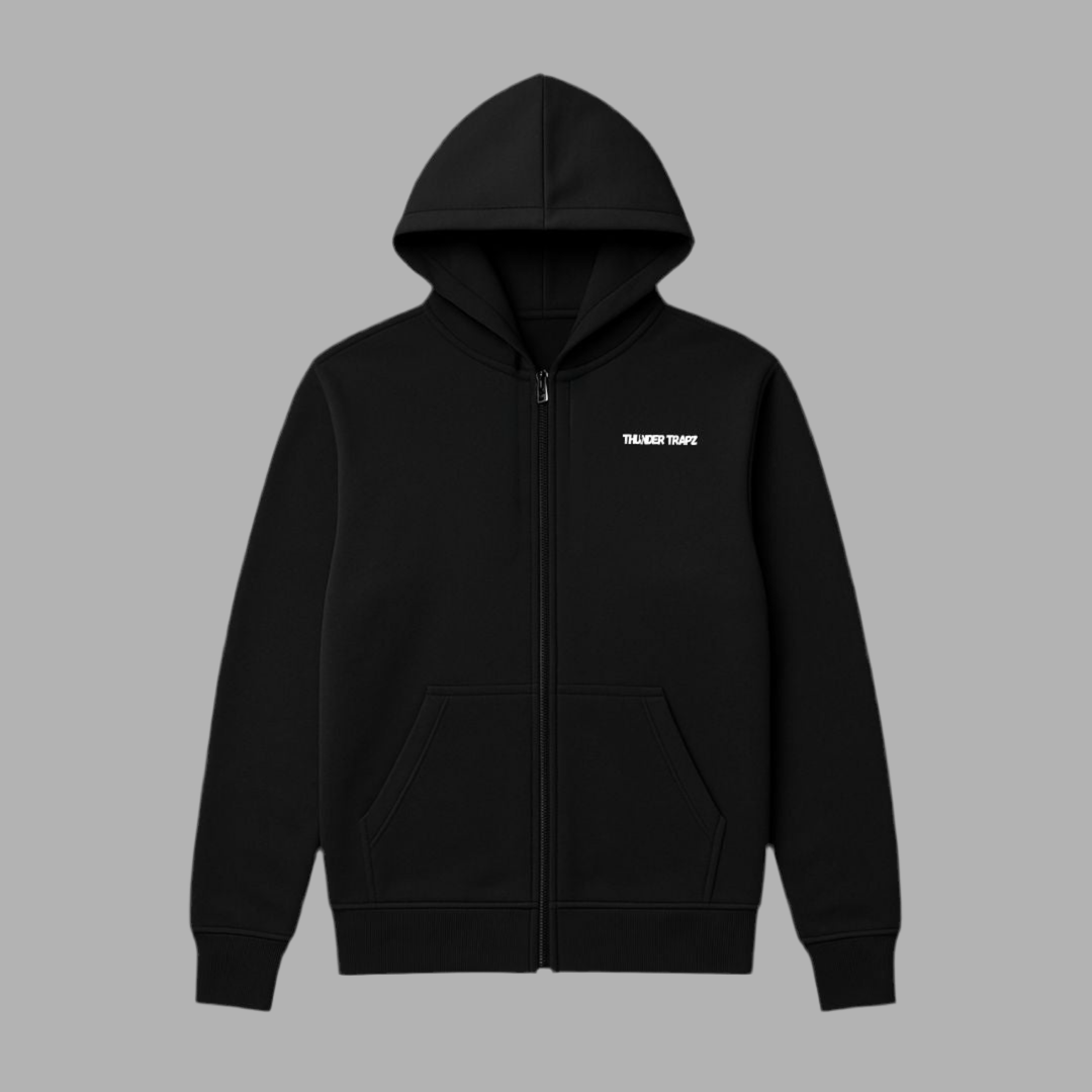 Black hoodie with a small white logo on a gray background